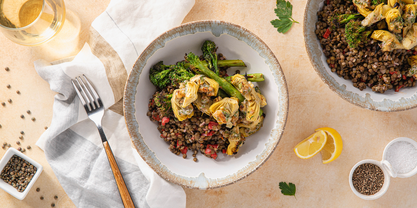 Walnut Crusted Artichokes with Dijon Lentils & Broccolini