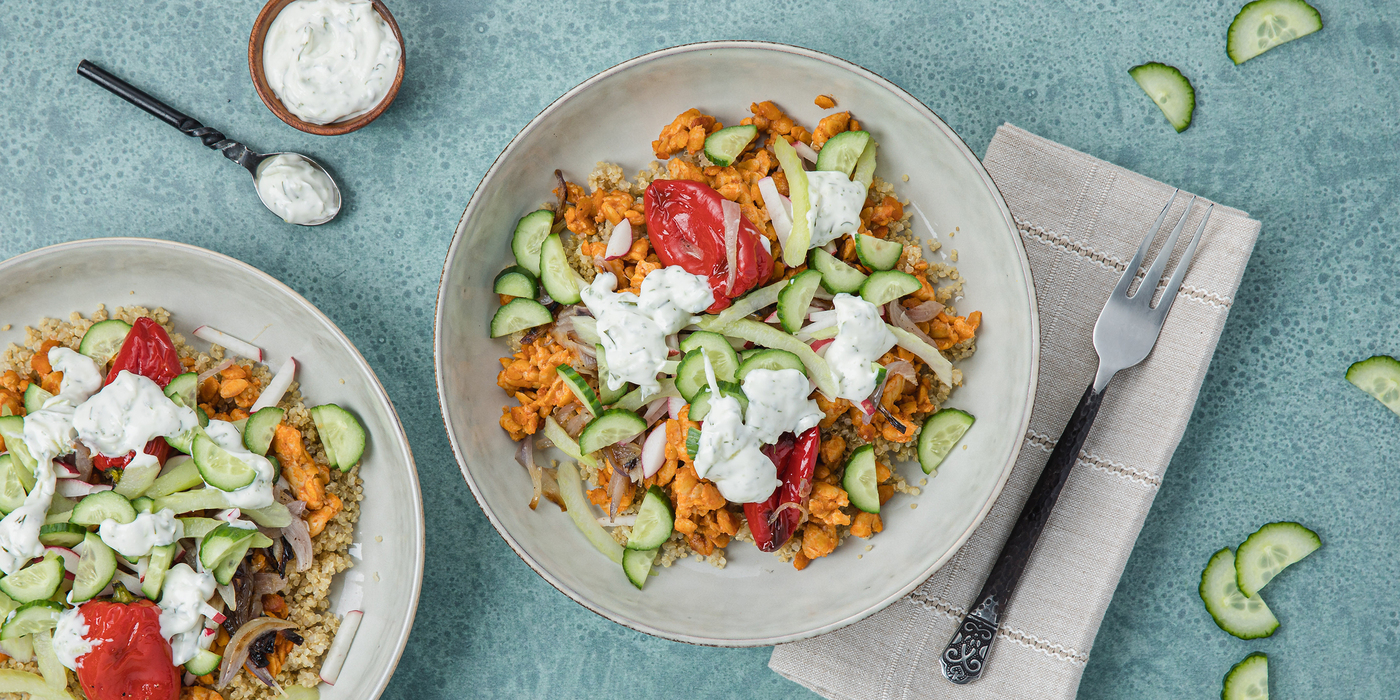 Buffalo Tempeh Quinoa Bowls with Roasted Peppers & Tzatziki