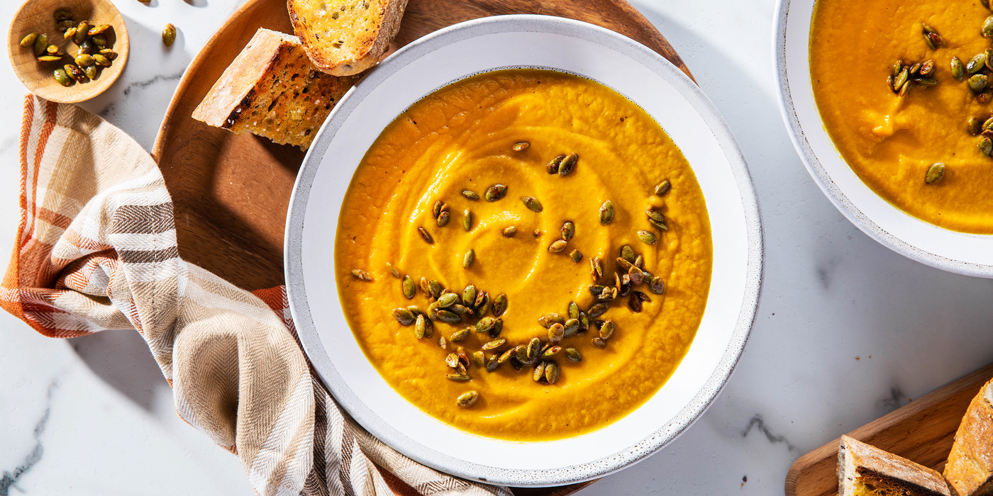 Gingered Pumpkin Apple Soup with Spiced Pepitas & Crostini