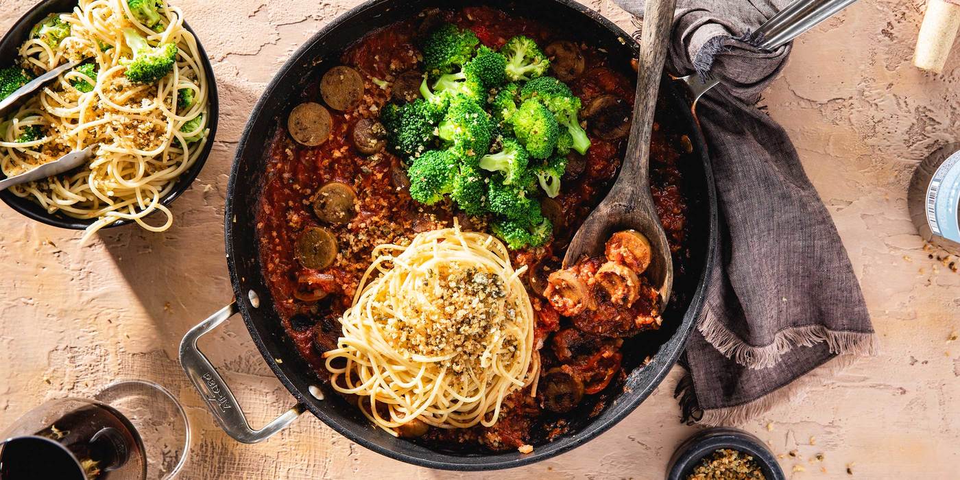 1400 700 vegan italian sausage skillet with broccoli caper garlic breadcrumbs hero 1
