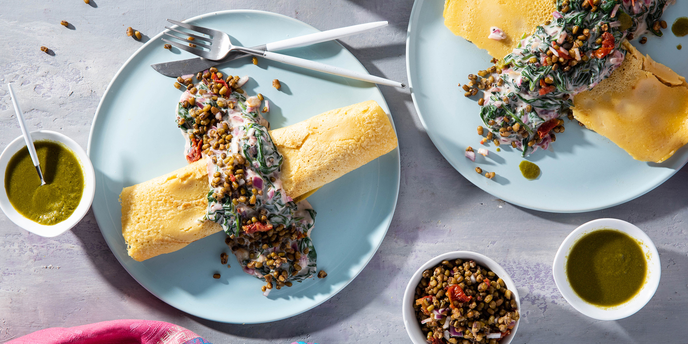 Chickpea Crepes with Spinach Yogurt Raita & Cilantro Chutney