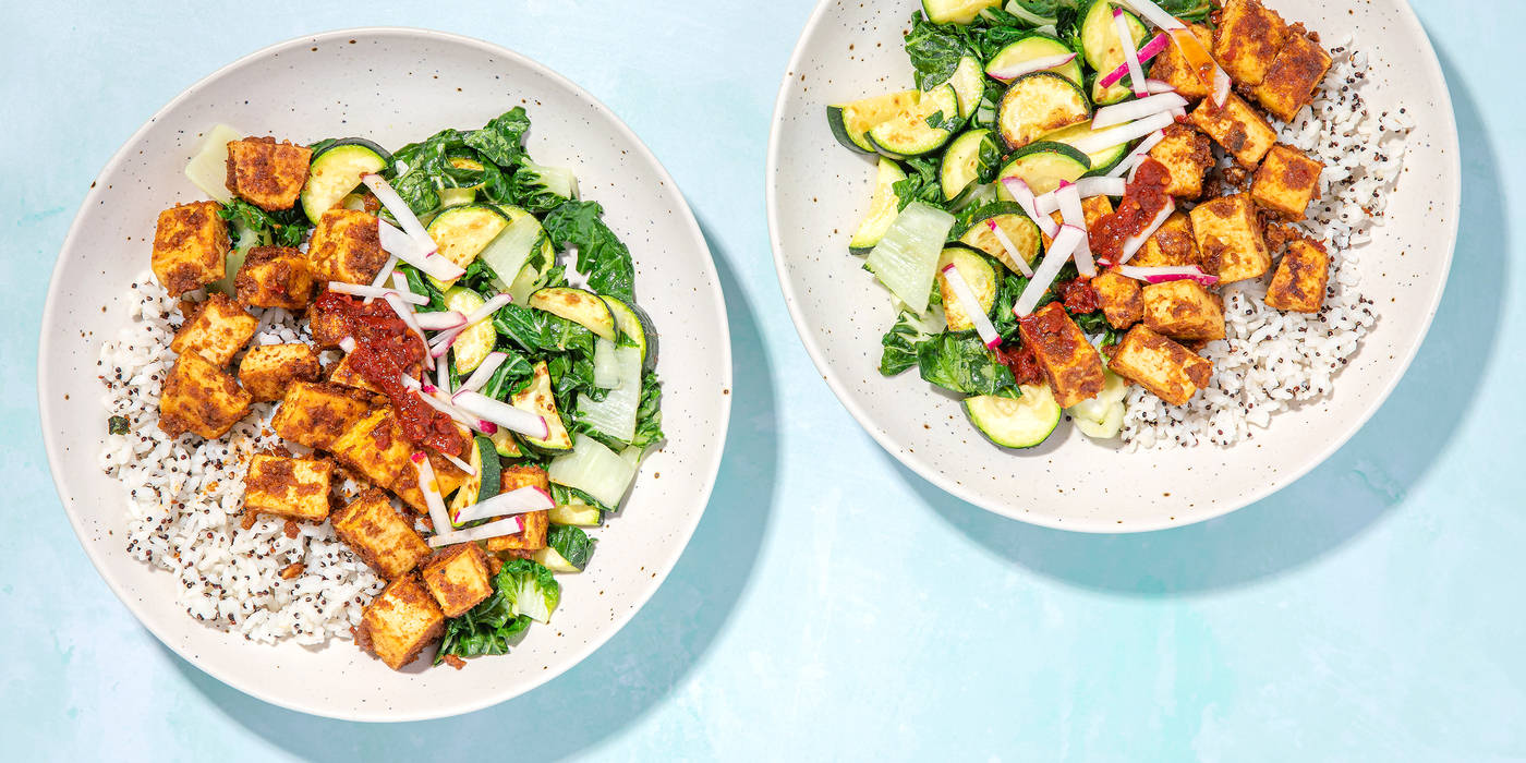 Almond Butter Tofu Bowls with Charred Zucchini & Bok Choy