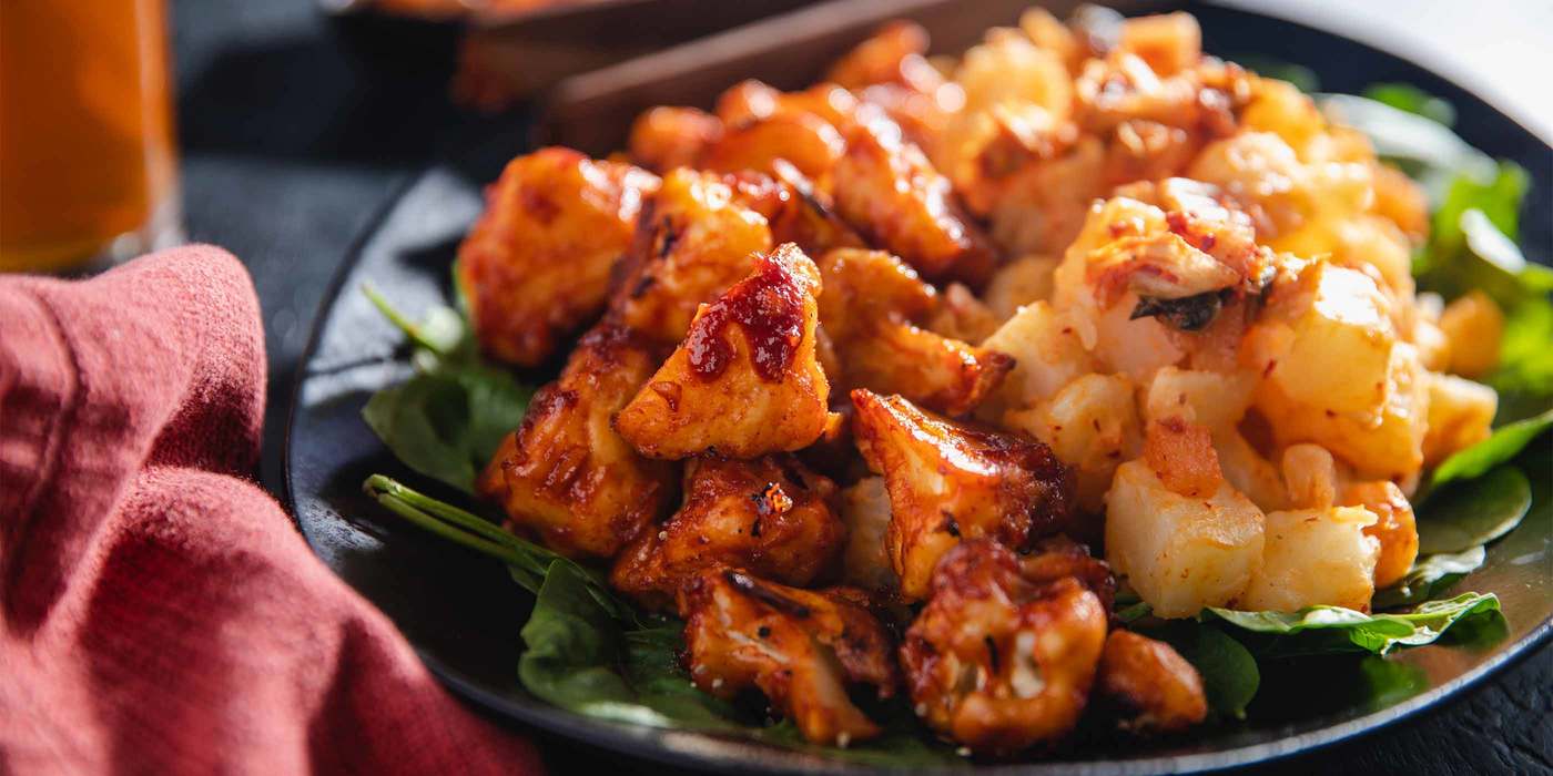 Korean BBQ Cauliflower Wings with Kimchi Potato Salad