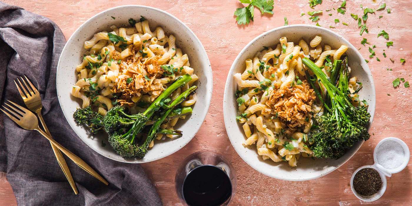 Cavatappi Carbonara with Roasted Broccolini & Coconut Bacon