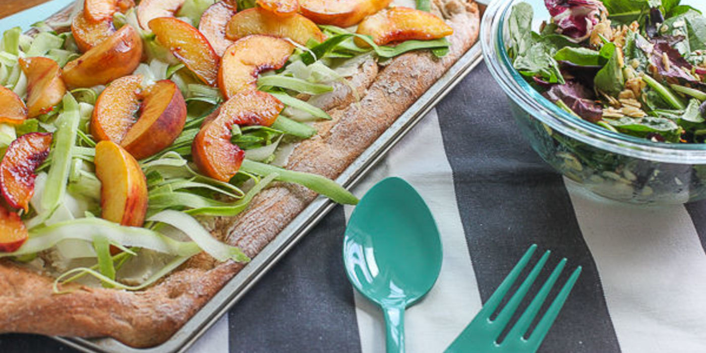 Grilled Peach and Zucchini Ribbon Flatbread with Miso-Dijon Salad