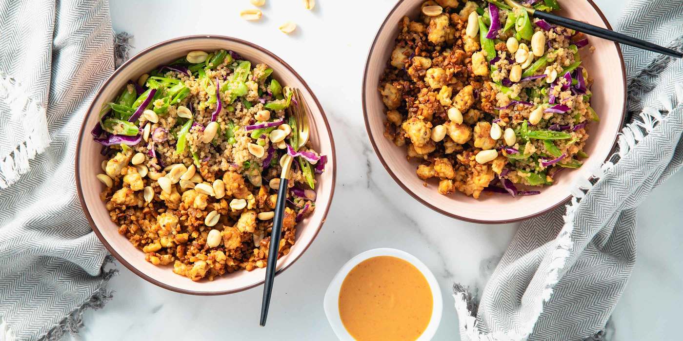 Sweet Sesame Tempeh with Crunchy Quinoa Salad & Peanut Sauce