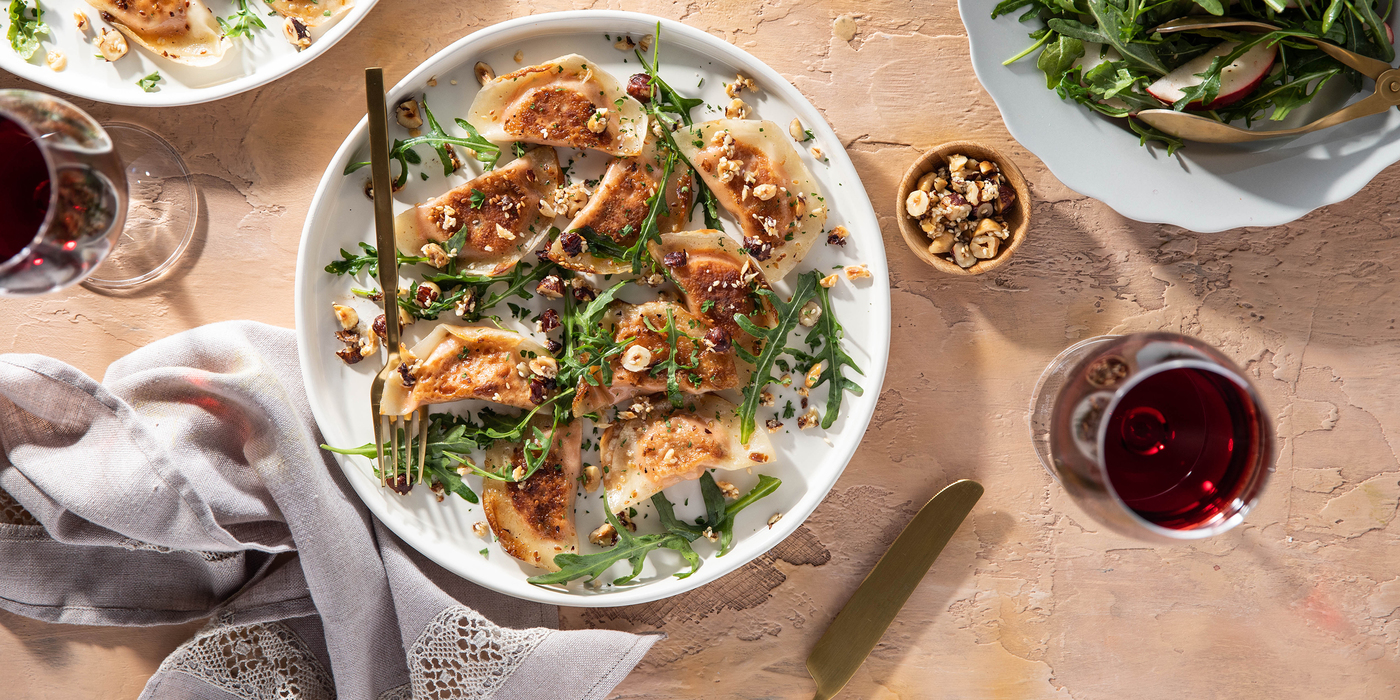 Crispy Carrot Dumplings with Hazelnut Sesame Butter & Apple Arugula Salad