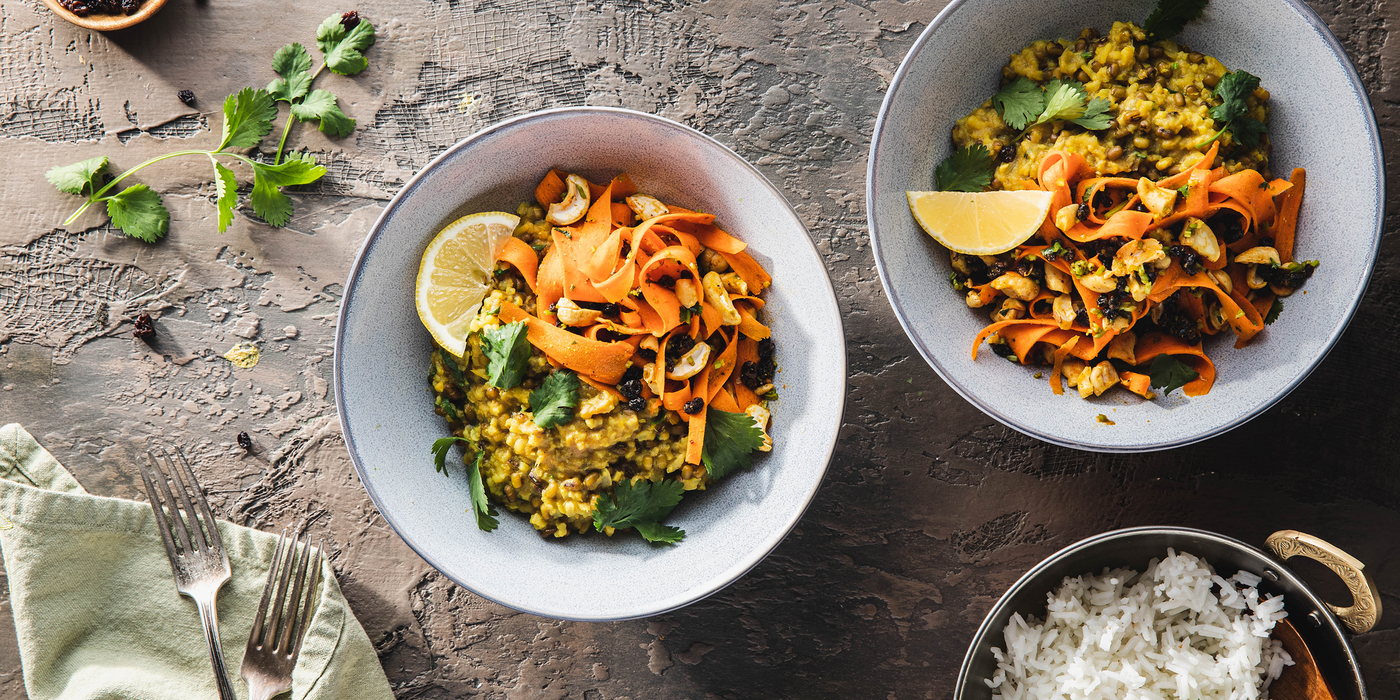 Mung Bean Kitchari with Toasted Cashews & Curried Carrot Salad