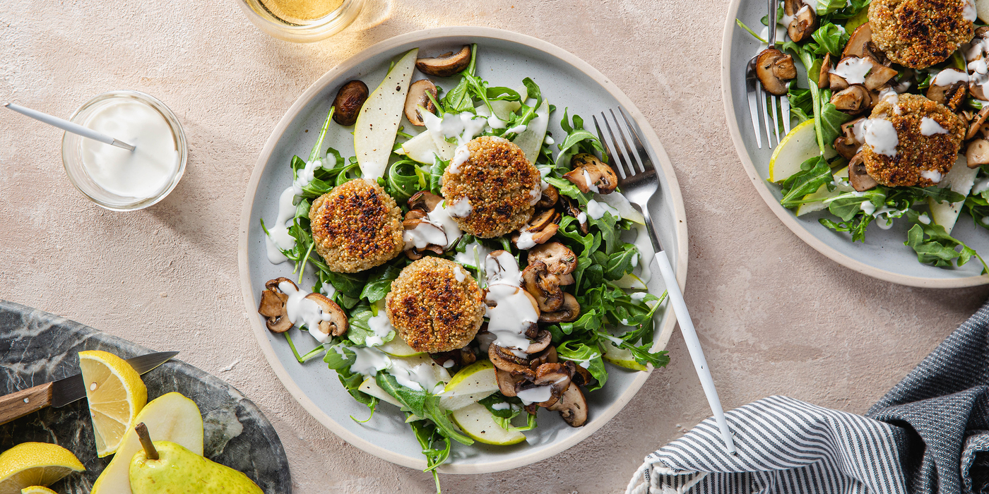 Crispy Quinoa Cakes with Rosemary Mushrooms & Lemony Arugula