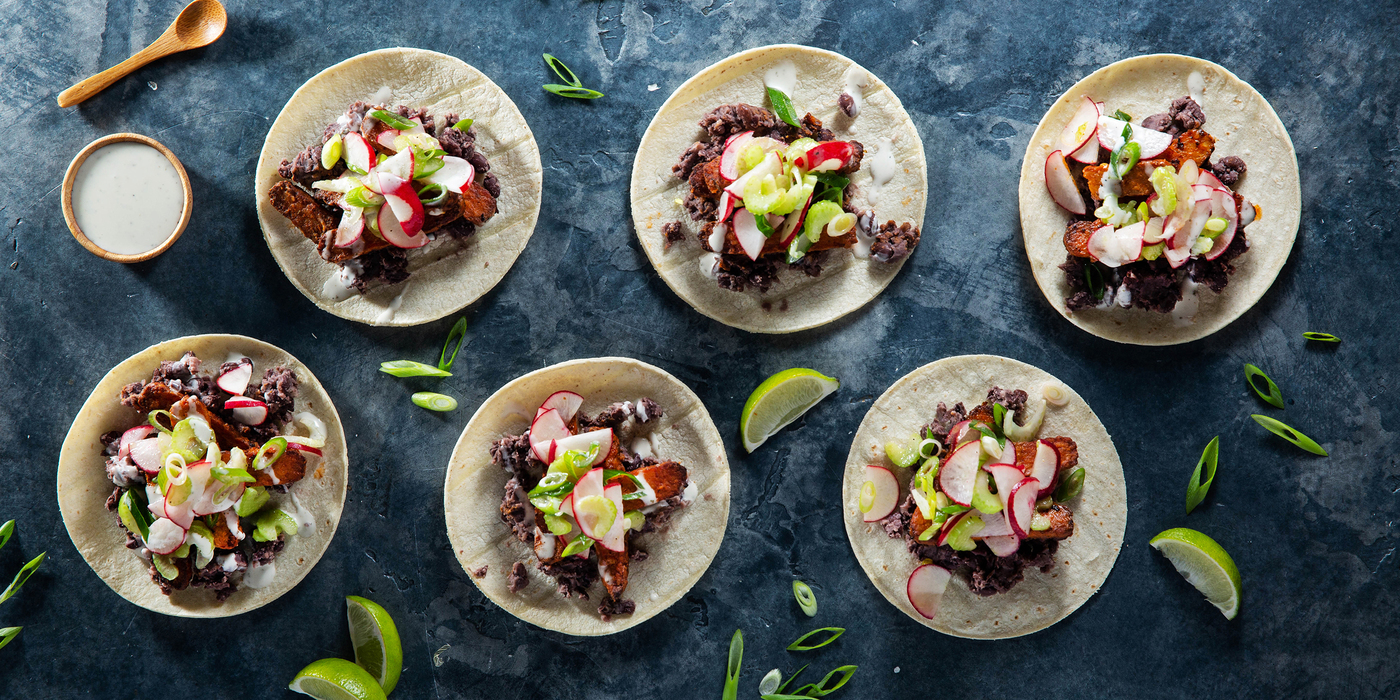 Buffalo Tempeh Black Bean Tacos with Radish Slaw & Ranch Dressing