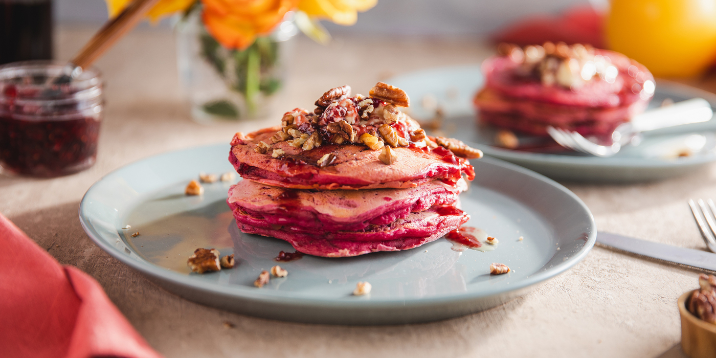 Beet Pancakes with Raspberry Butter & Pecans