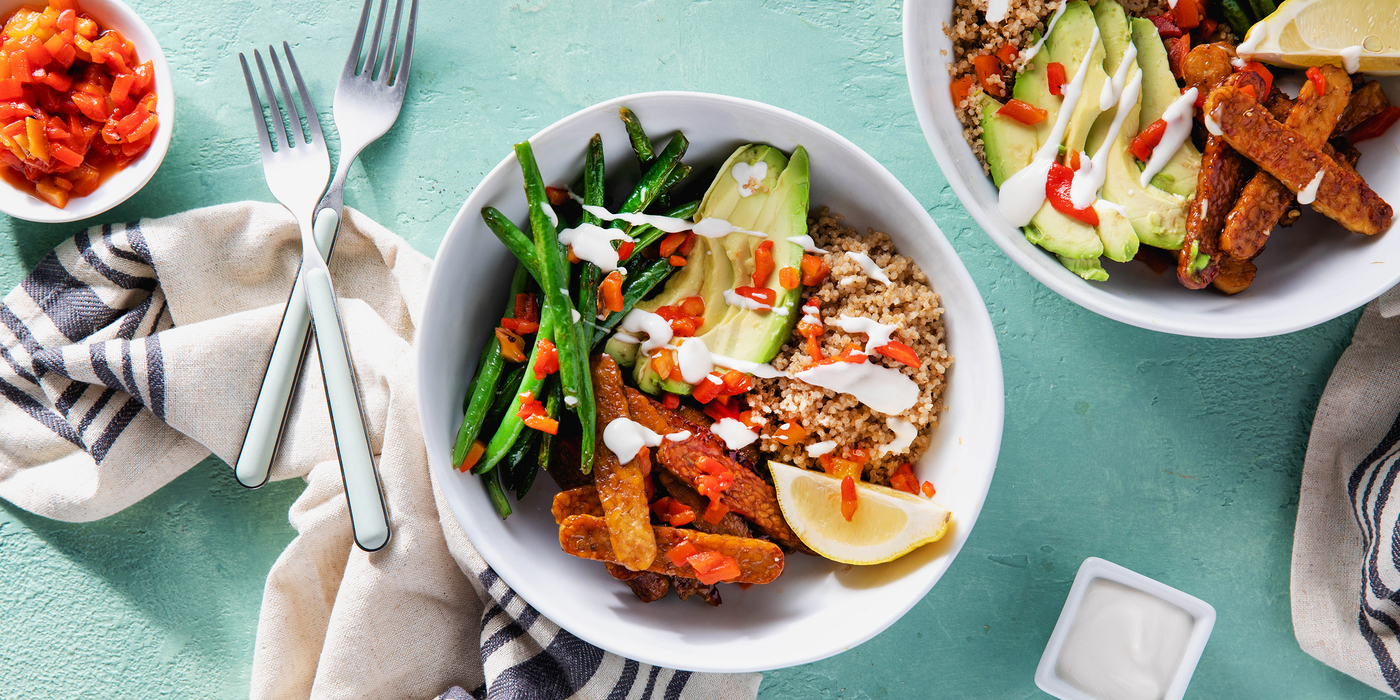 Smoky Tempeh Bowls with Garlicky Green Beans & Lemon Aioli