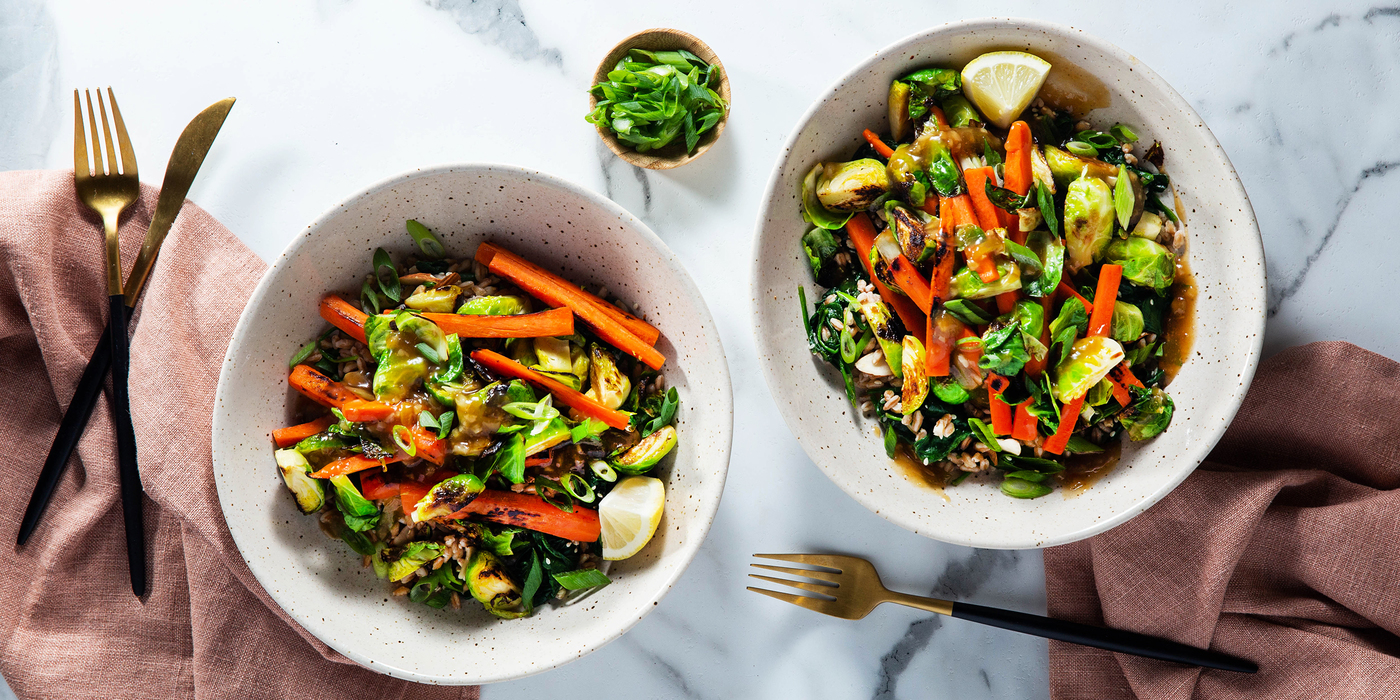 Pan-Roasted Brussels Sprouts with Miso Caramel & Almond Farro Pilaf