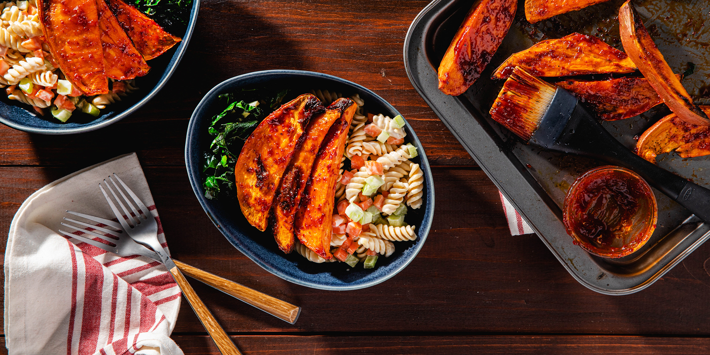 BBQ Glazed Sweet Potatoes with Gingered Kale & Macaroni Salad