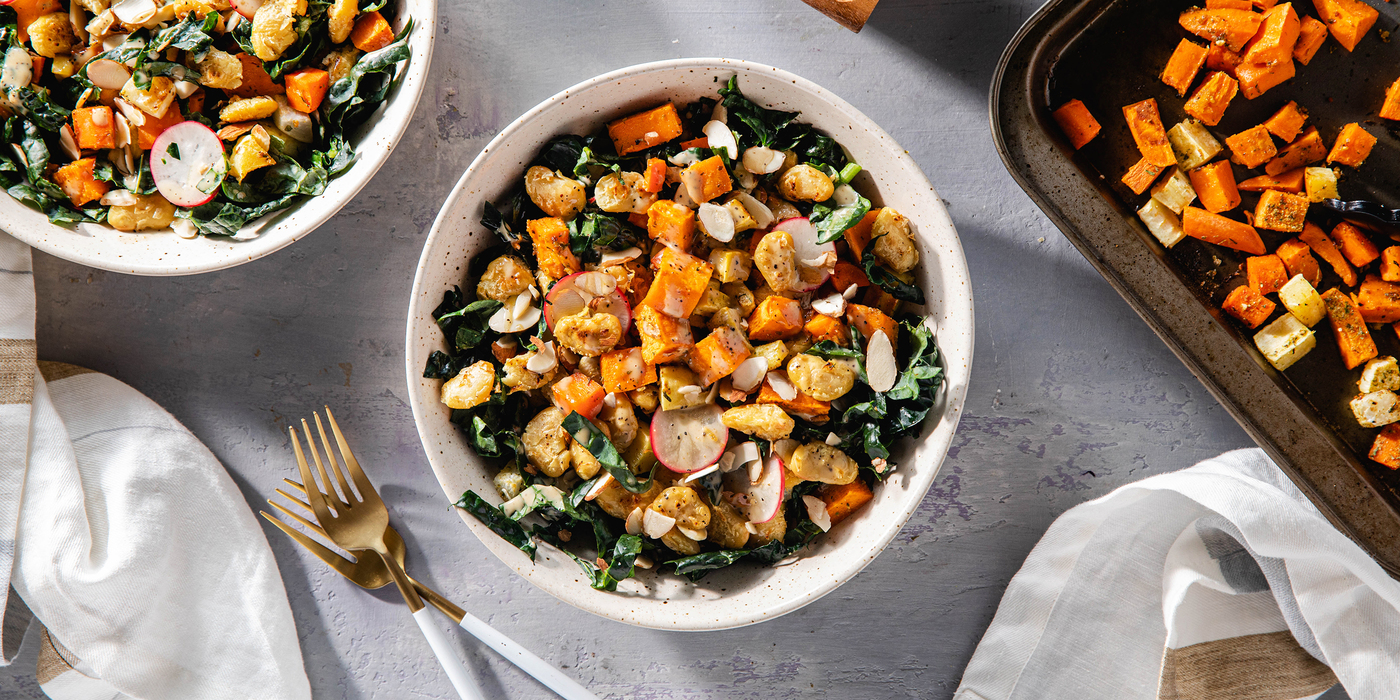 Winter Caesar Salads with Roasted Root Vegetables & Crispy Butter Beans