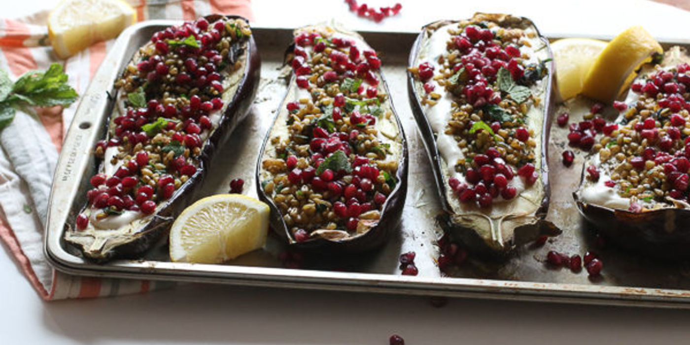 Roasted Eggplant over Freekeh with Spiced Cumin-Tahini Cream, Pomegranate Seeds and Mint