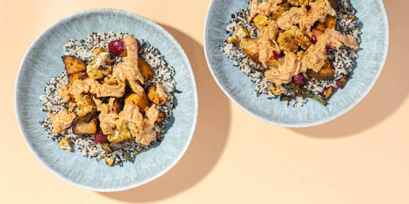 Gochujang Veggie Bowls with Quinoa Speckled Sushi Rice & Kimchi Mayo