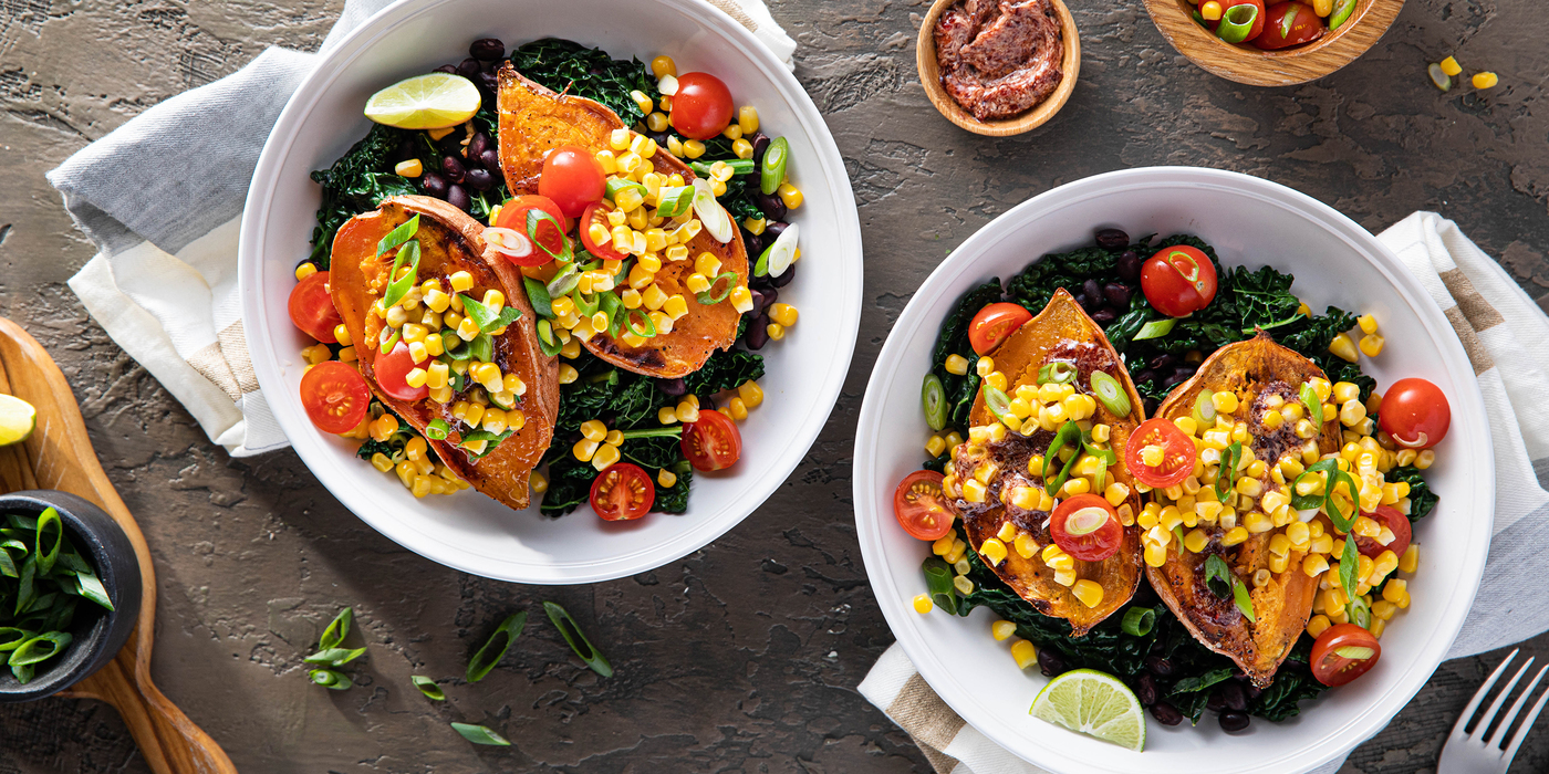 Black Bean Burrito Bowls with Raspberry Chipotle Sweet Potatoes & Corn Salsa