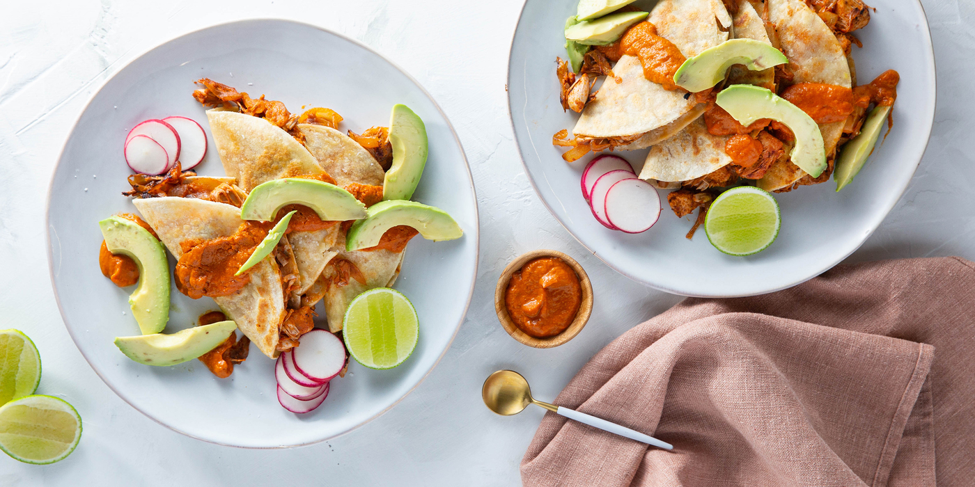 Jackfruit Tacos with Caramelized Onions & Salsa Roja