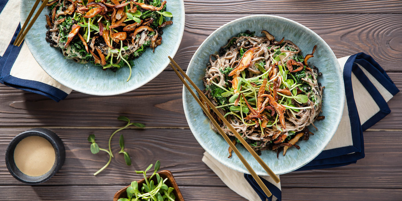 Creamy Tahini Noodles with Black Lentils & Crispy Shiitakes