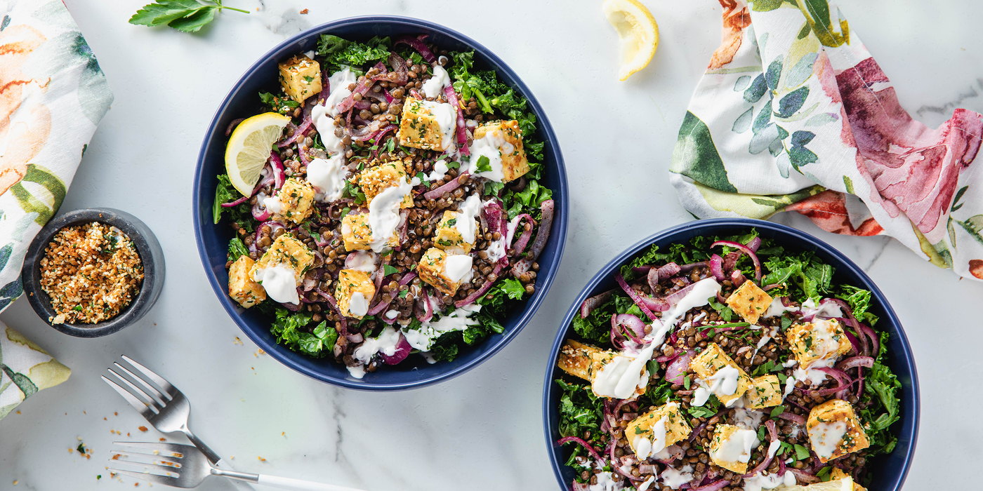 Crispy Lemon Tofu with Sumac Lentils & Herb Sesame Breadcrumbs