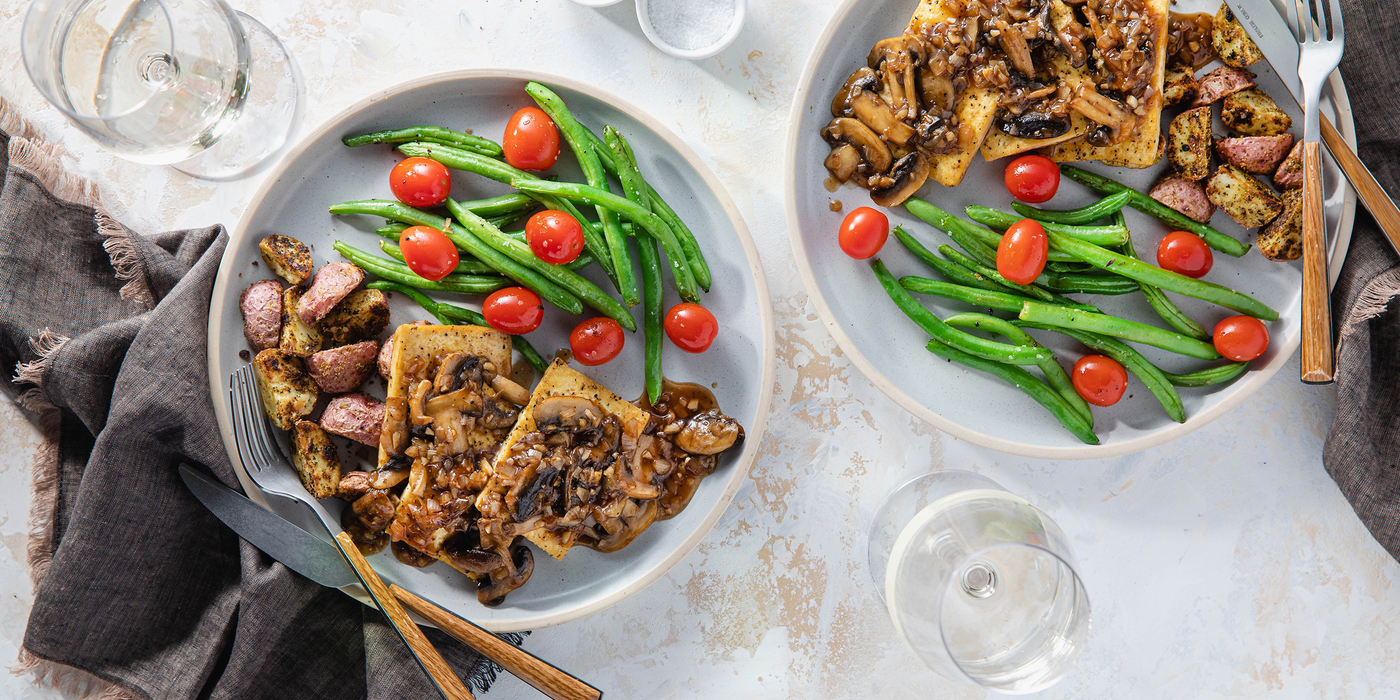 Tofu Marsala with Roasted Mustard Herb Potatoes & Green Beans