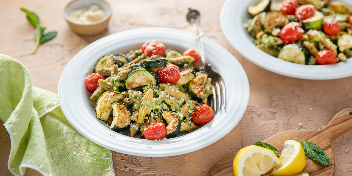 Mint Walnut Pesto Penne with Roasted Zucchini & Grape Tomatoes