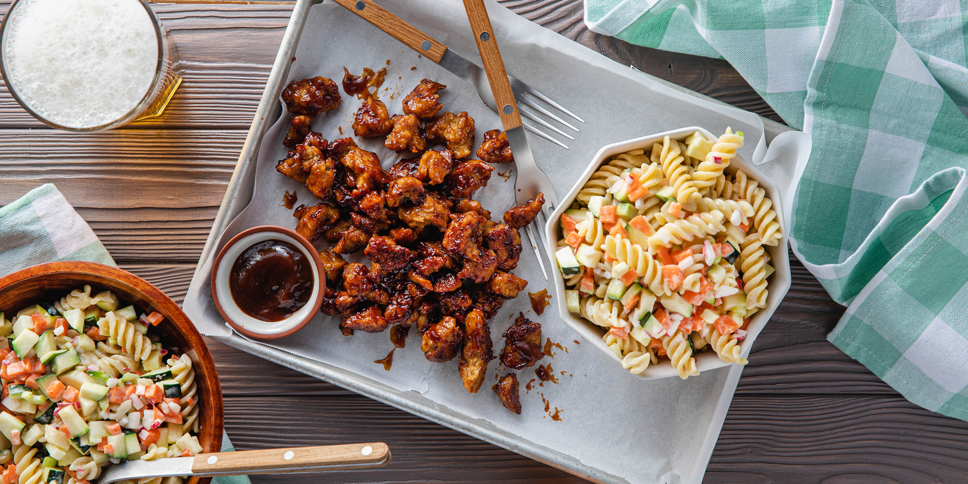 Barbecue Seitan with Rotini Pasta Salad