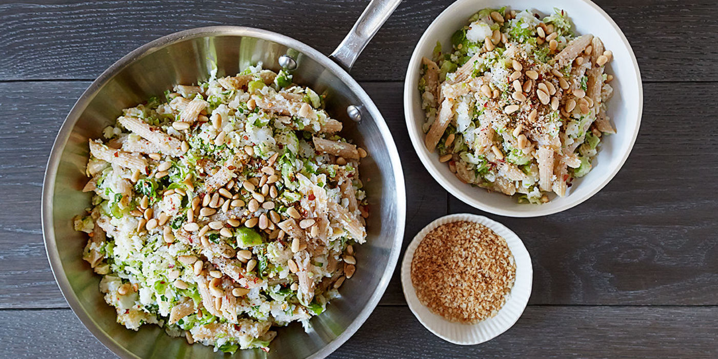 Penne with Cauliflower, Brussels Sprouts, and Bread Crumbs