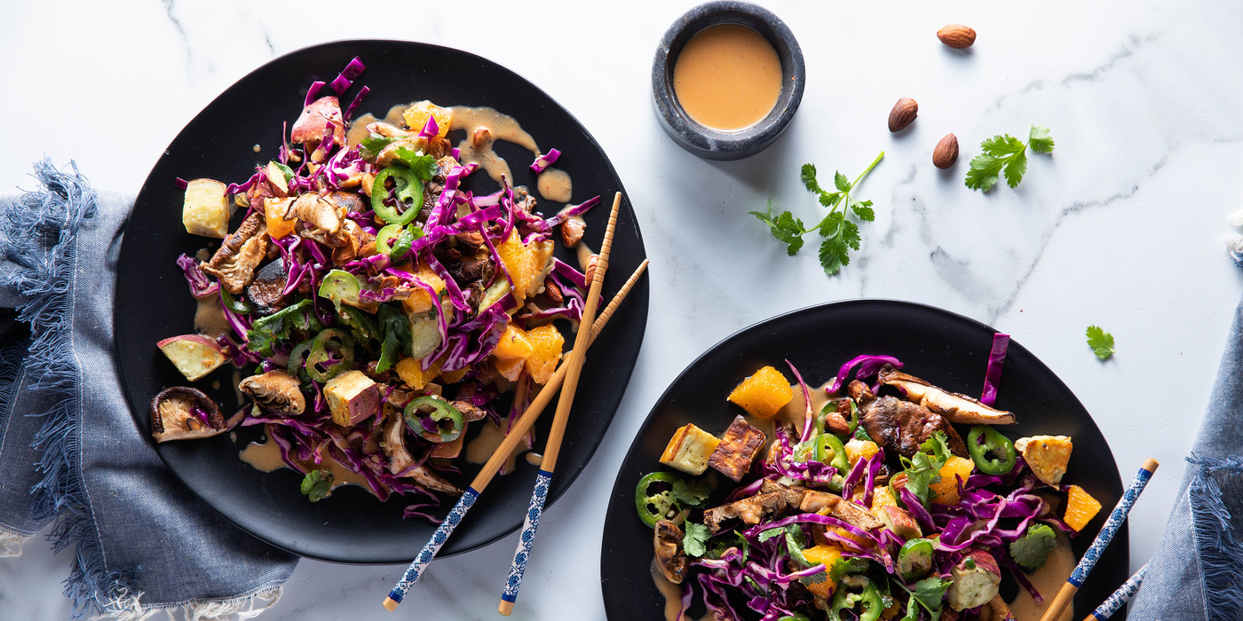 Warm Japanese Yam & Shiitake Salad with Orange & Spicy Peanut Dressing