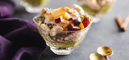 Golden Milk Chia Pudding with Plums & Cashews