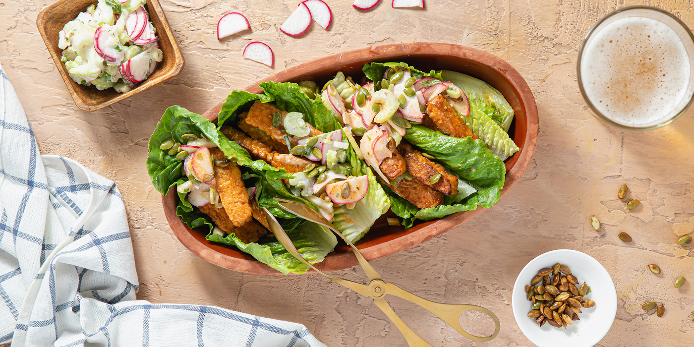 Buffalo Tempeh Tacos with Celery Radish Slaw & Lettuce Cups