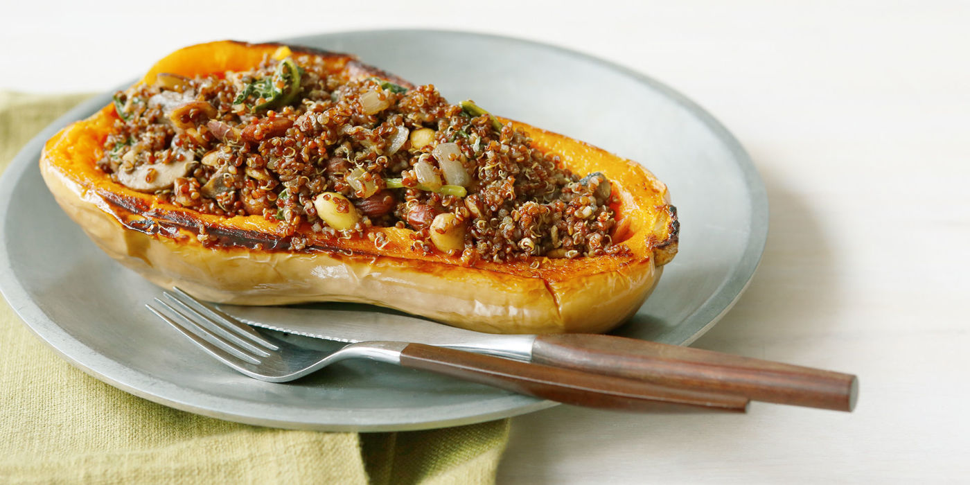 Butternut Squash Stuffed with Mushrooms, Quinoa, Spinach and Almonds