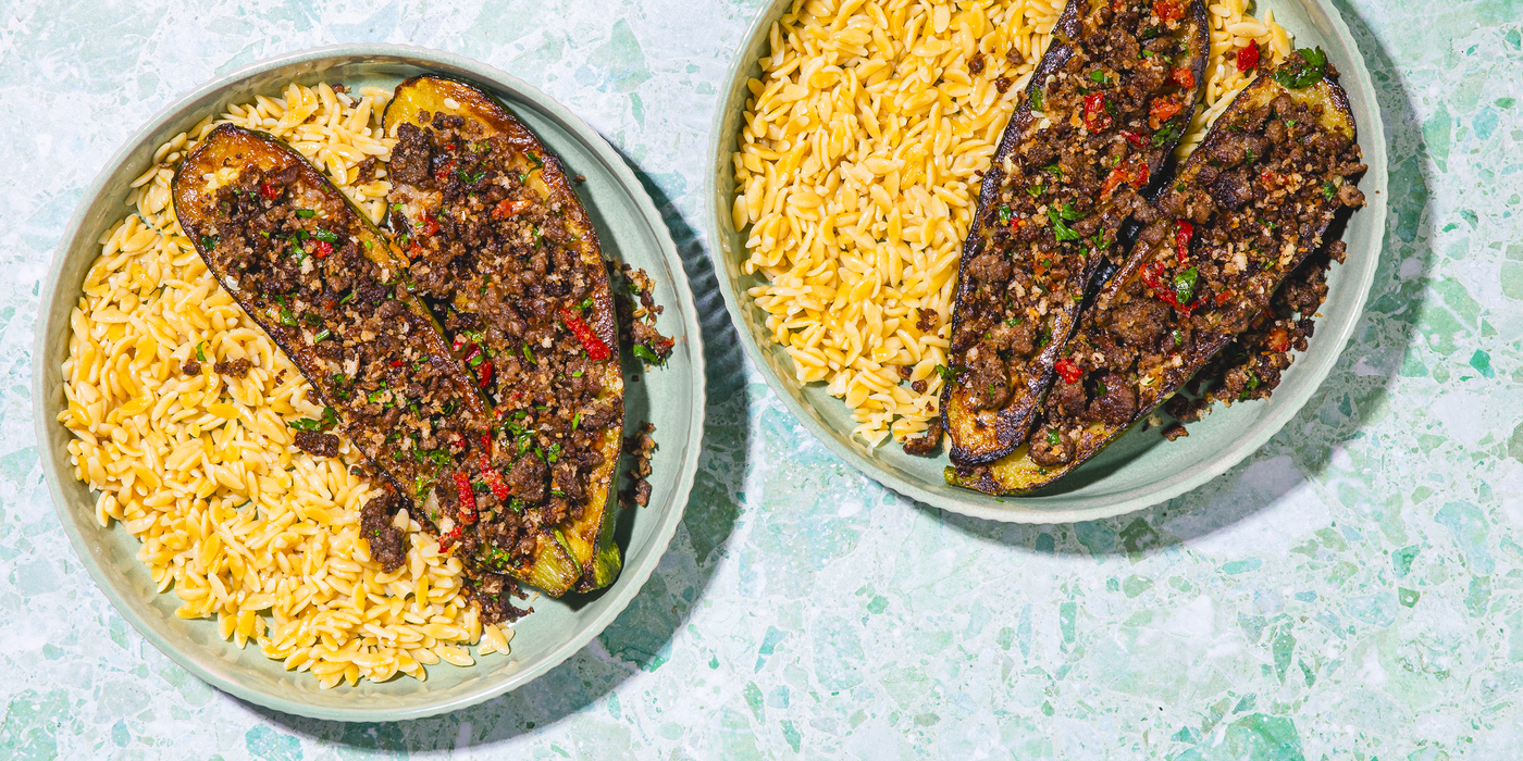 Mediterranean Stuffed Zucchinis with Sun-Dried Tomatoes & Orzo