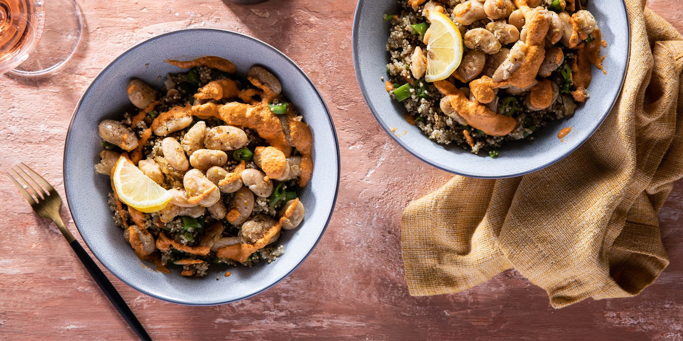 Crispy Butter Bean Bowls with Snap Pea Quinoa Pilaf & Romesco Sauce