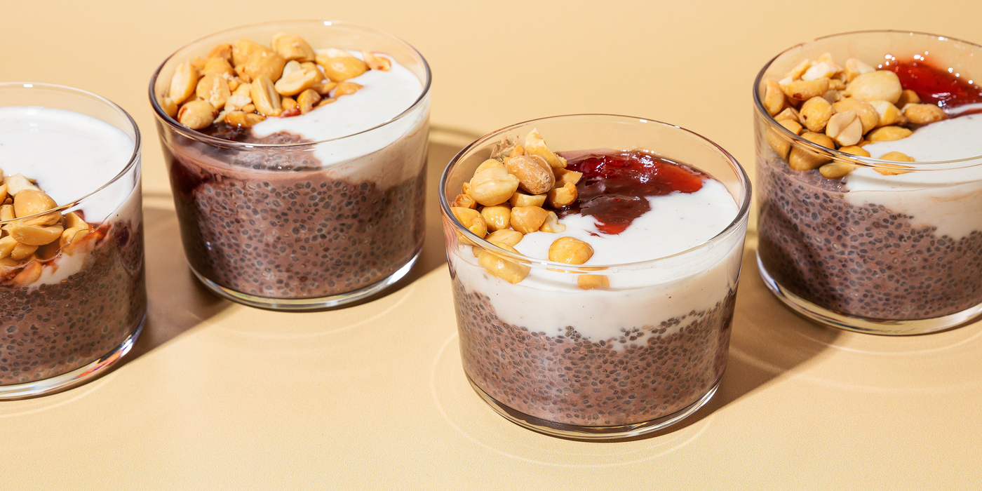 Chocolate Chia Pudding with Strawberry Jam & Peanuts