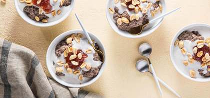 Chocolate Chia Pudding with Strawberry Jam & Peanuts