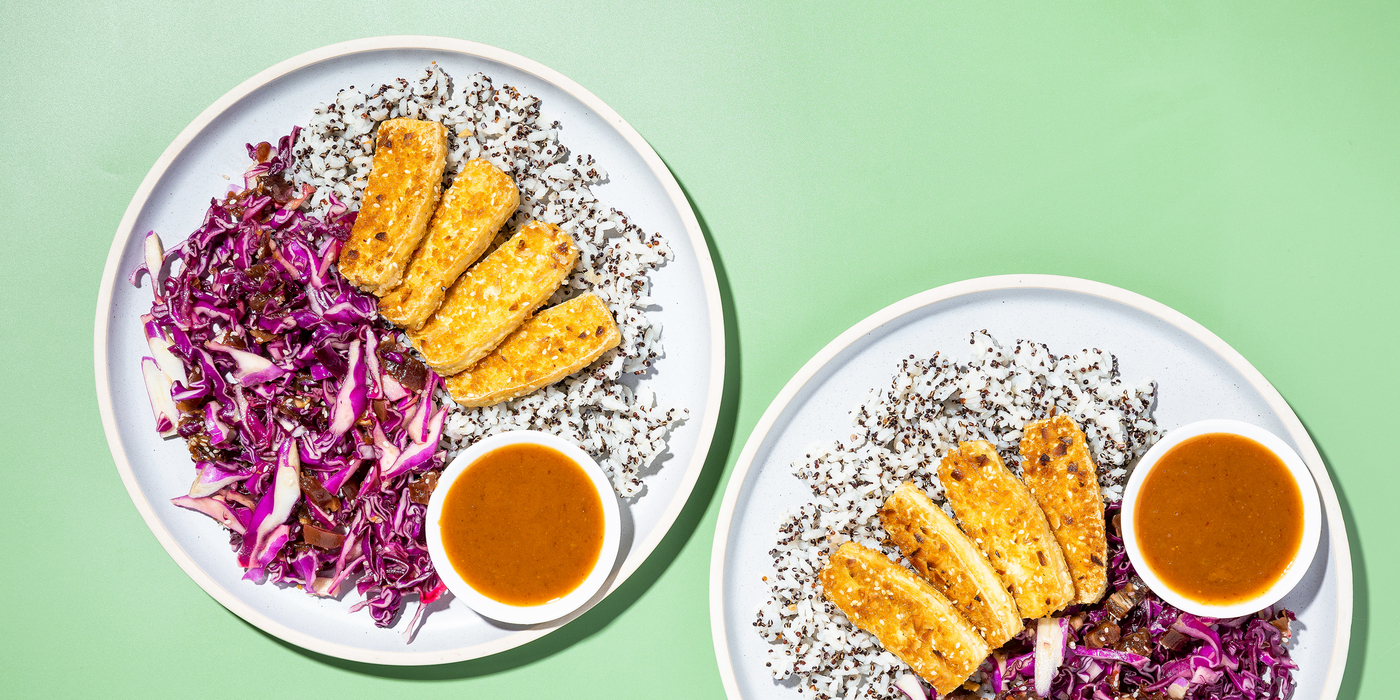 Coconut Tofu with Crunchy Date Slaw & Peanut Sauce