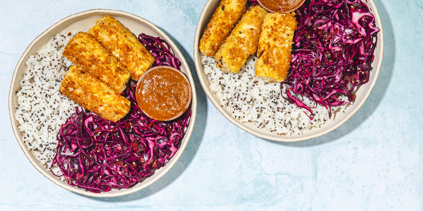 Coconut Tofu with Crunchy Date Slaw & Peanut Sauce