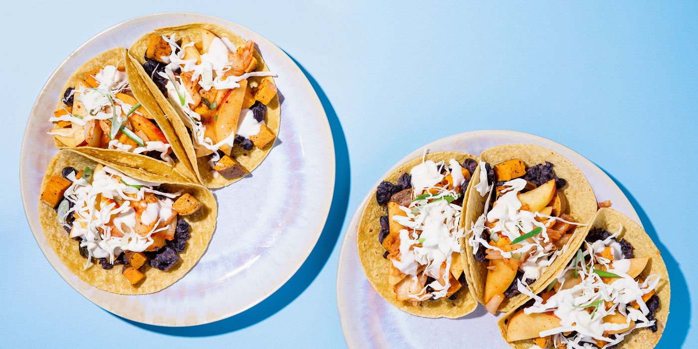 Sweet Potato Black Bean Tacos with Peach Kimchi & Citrus Aioli