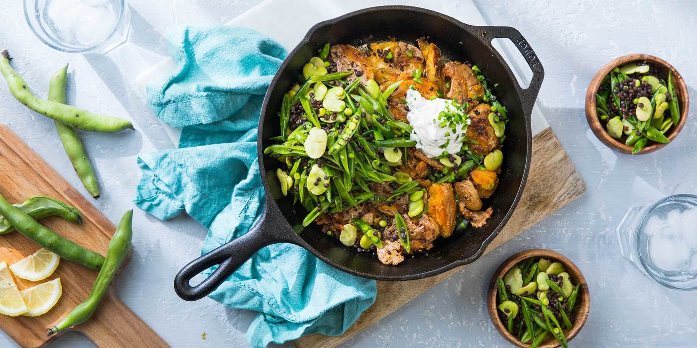 Crispy Potato Skillet with Snap Pea Slaw & Jalapeño Sour Cream