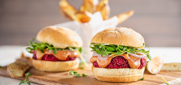 Beet Burgers with Smoky Tomato Aioli & Potato Wedges