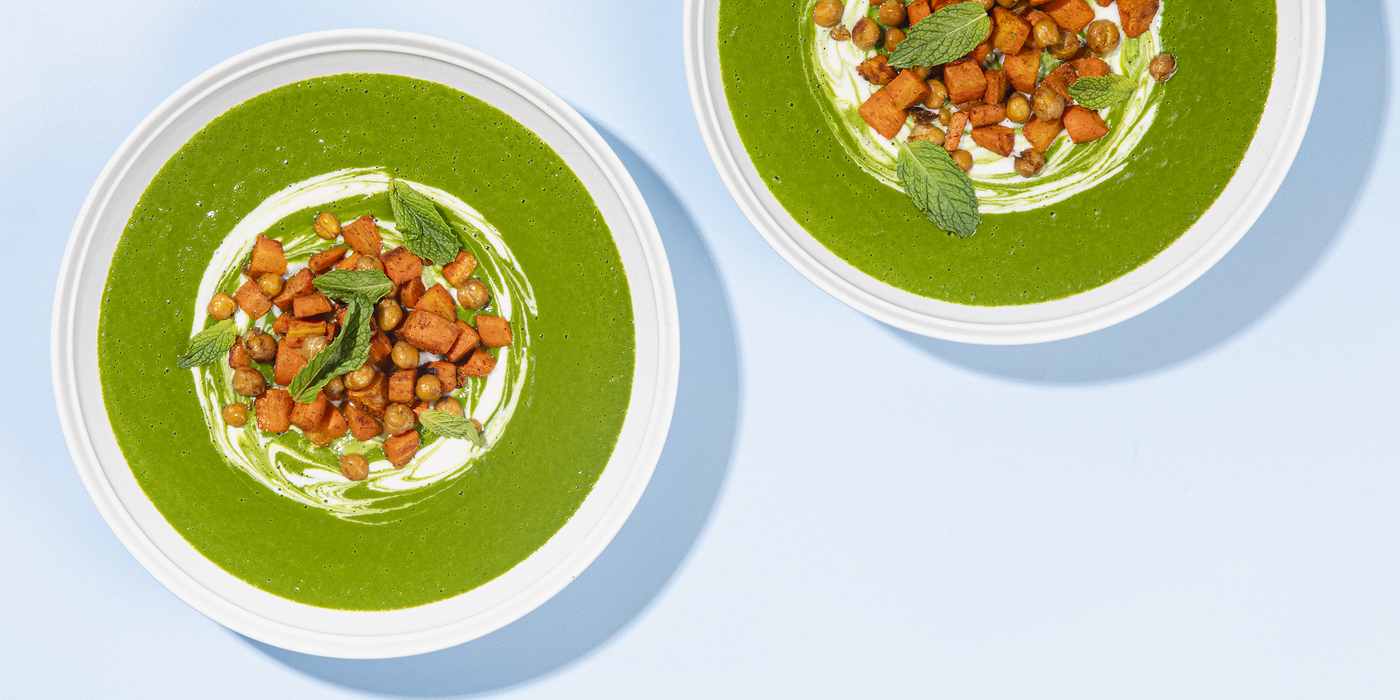 Minted Spinach Soup with Ras El Hanout Carrots & Yogurt