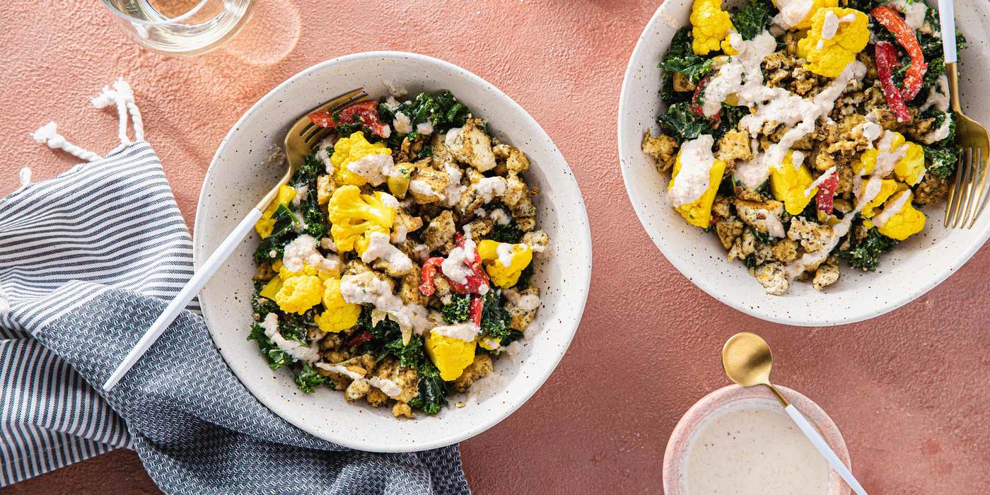 Falafel Spiced Tofu with Pickled Cauliflower & Creamy Cashew Dressing