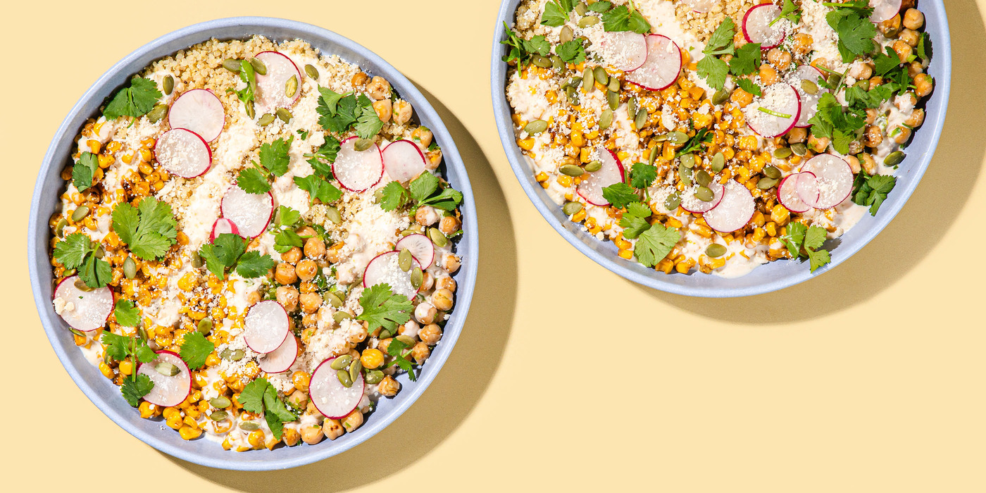 Lime Chickpea-Elote Bowls spicy corn, sour cream, quinoa