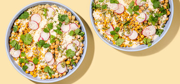 Lime Chickpea-Elote Bowls spicy corn, sour cream, quinoa
