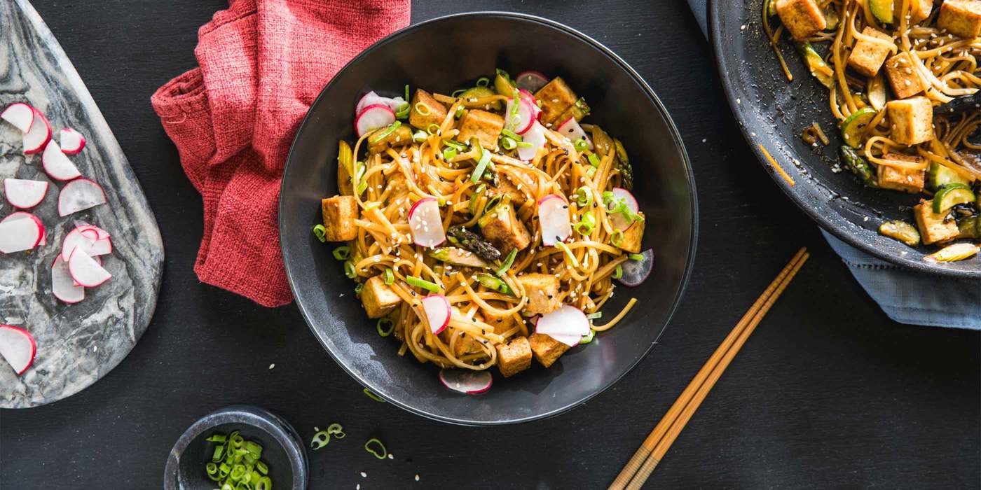 Quick Sesame Noodles with Five-Spice Tofu, Cucumber & Radish