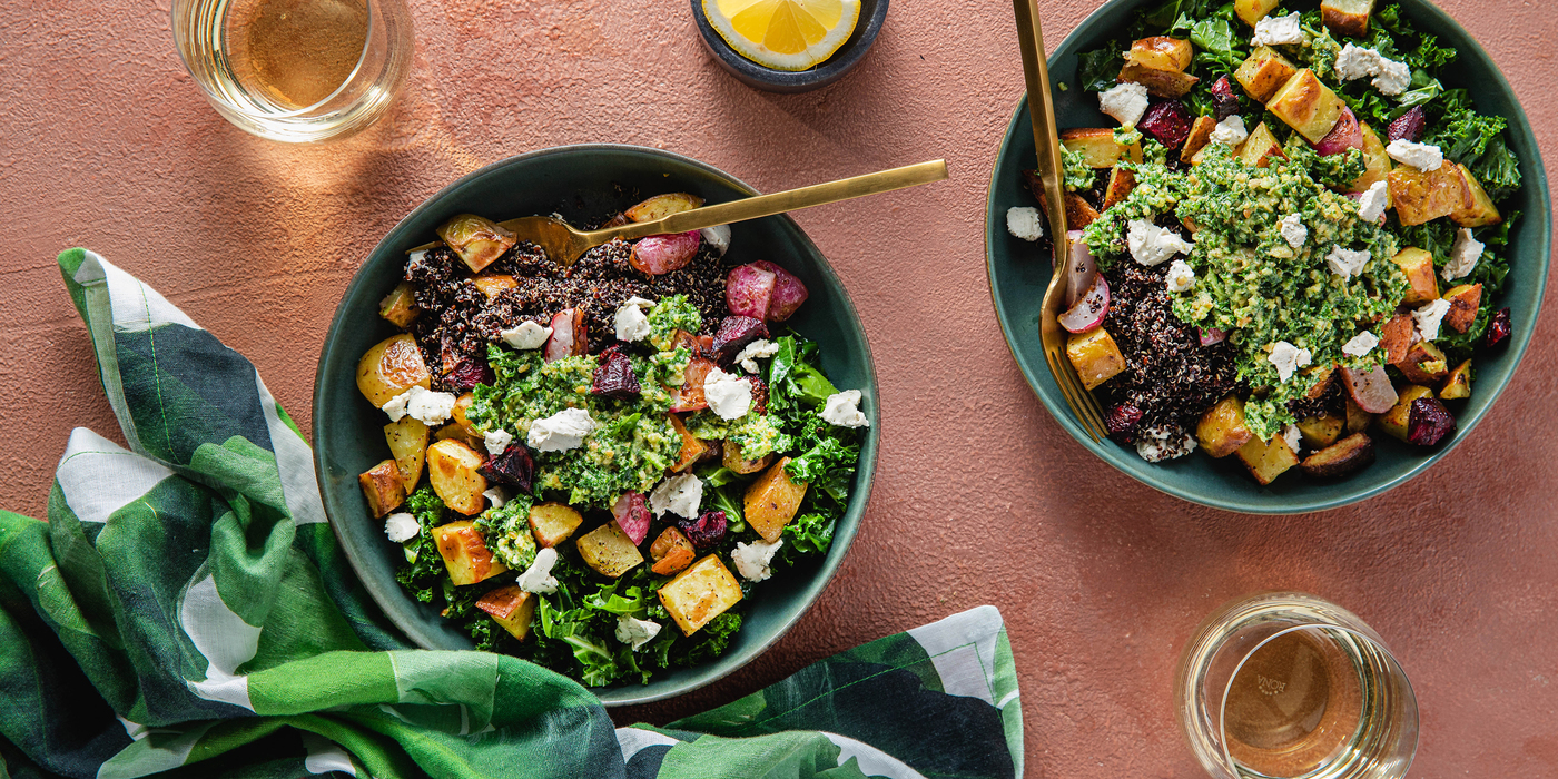 Roasted Vegetable Bowls with Sunflower Seed Pesto & Cashew Cheese