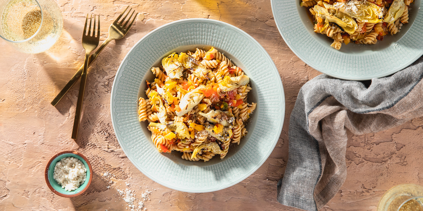 Crispy Artichoke Rotini with Charred Pepper Ragout & Parmesan