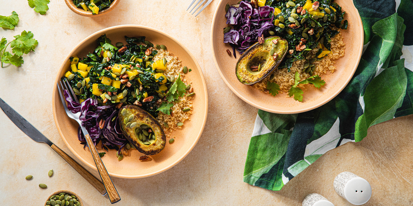 Tropical Grain Bowls with Pan-Seared Avocado & Mango Vinaigrette